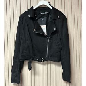 Missguided Crop Suedette Biker Jacket Black Size 6